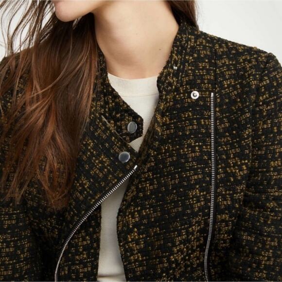Tweed Moto Jacket Ann Taylor Green & Black Size 10 Business Casual Biker Style - Picture 1 of 10